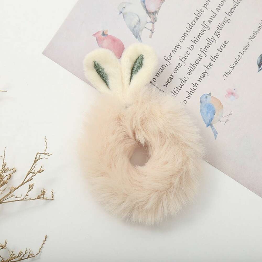 Autumn and Winter New Korean Cute Tie Hair Leather Plush Rabbit Ears Horsetail Head rope Children's High Elastic Hair Loop