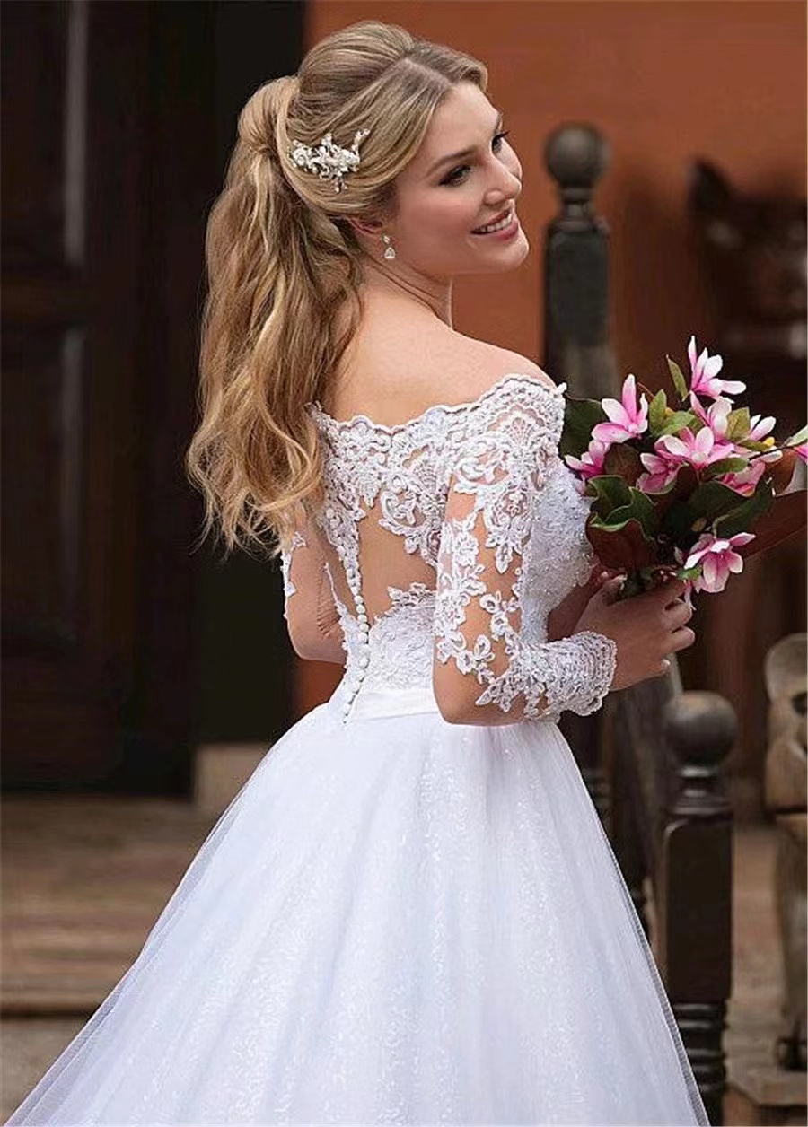 2024 long sleeves Lace A Line Wedding Dresses sexy New Vintage Sexy Off the Shoulder lace Applique Sweep Train Bridal Gowns Custom Made elegant boho w