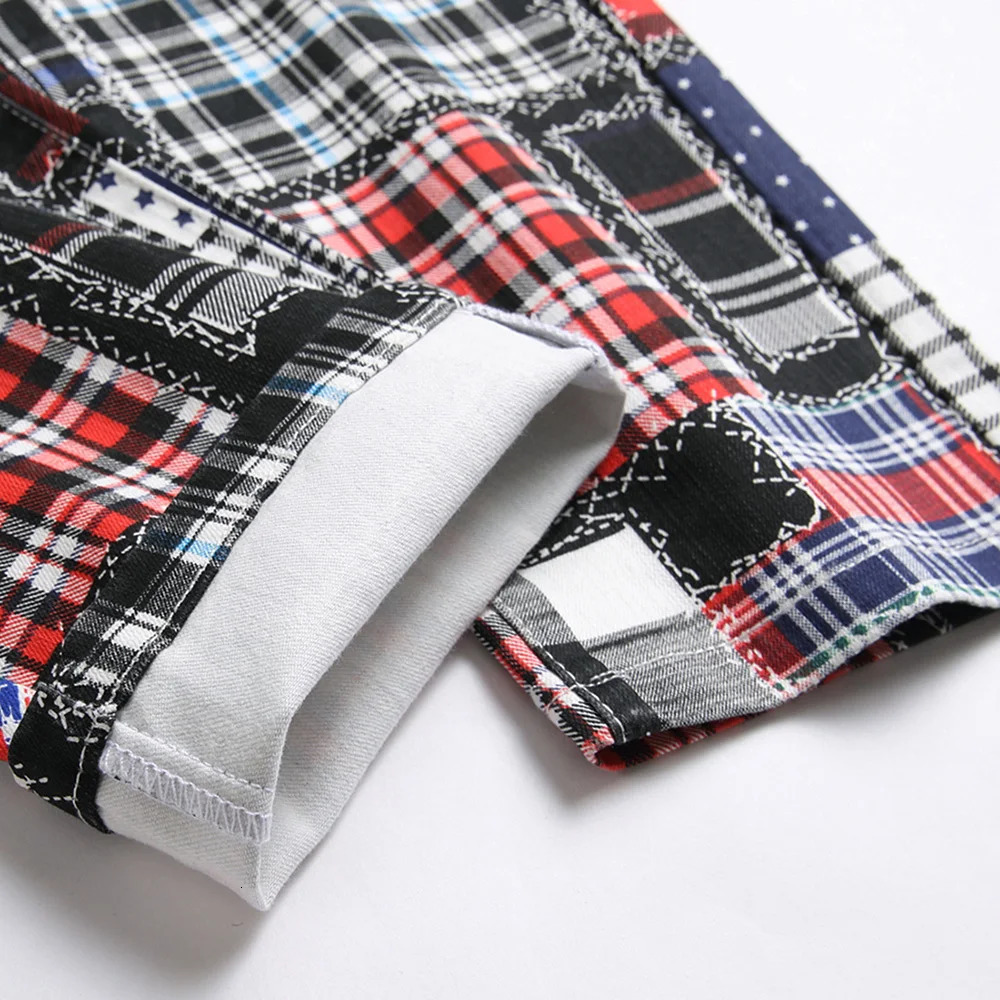 Men Plaid Digital Print Jeans Fashion Patches Patchwork Stretch Denim Pants Slim Straight Trousers 240124