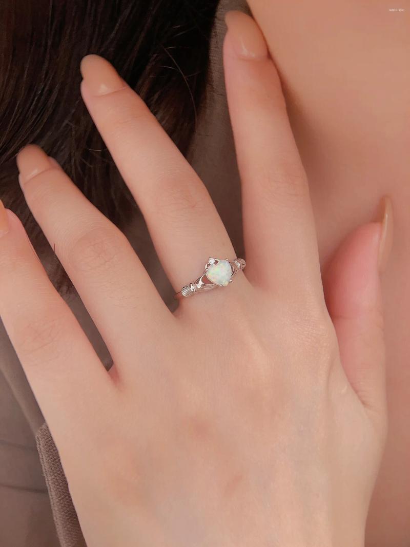 Cluster Rings Adorable Sterling Sier Women's Ring With Heart-shape Opal And Zircon Decoration Simple Lovely Style For Daily Or As A