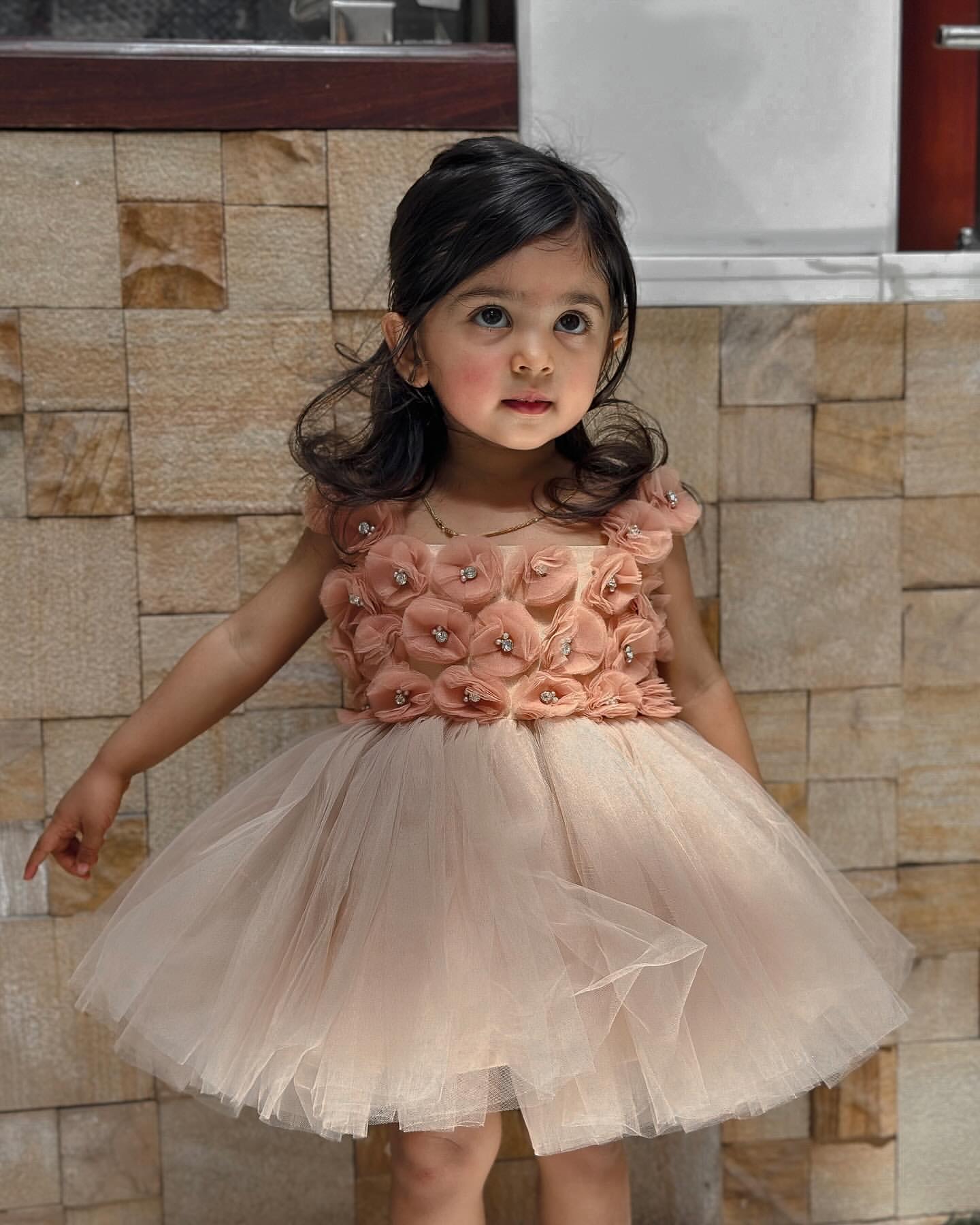 2024 Champagne Knee Length Flower Girl Dresses Ball Gown Tulle Flowers Crystals Little Girl Christmas Peageant Birthday Christening Tutu Dress Gowns Z