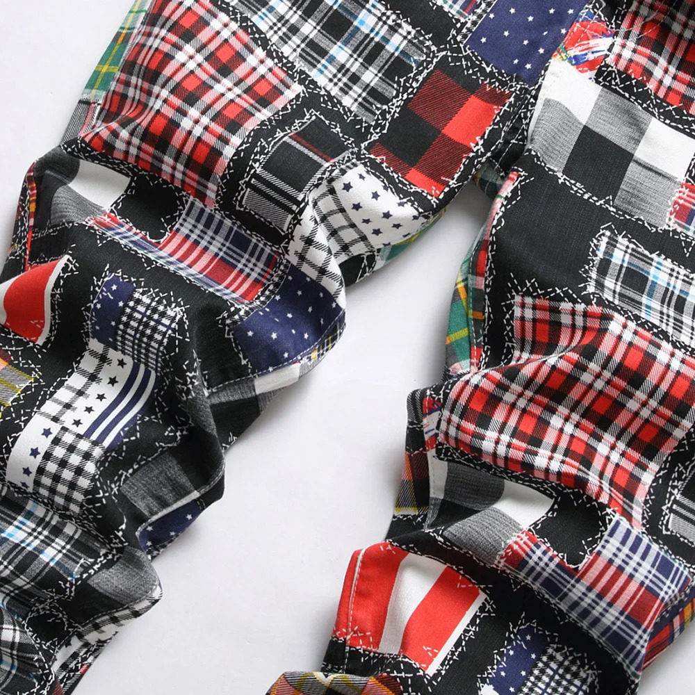 Men Plaid Digital Print Jeans Fashion Patches Patchwork Stretch Denim Pants Slim Straight Trousers 240124