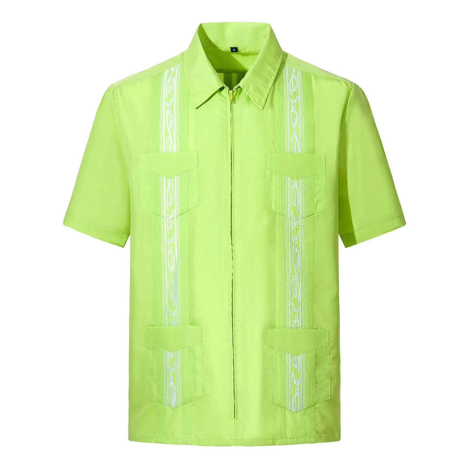 Men's Casual Shirts Men's Short Sleeve Cuban Guayabera Shirts Full Zip Front Mexican Shirt With Pocket Short Sleeve T Shirts for Men J240129
