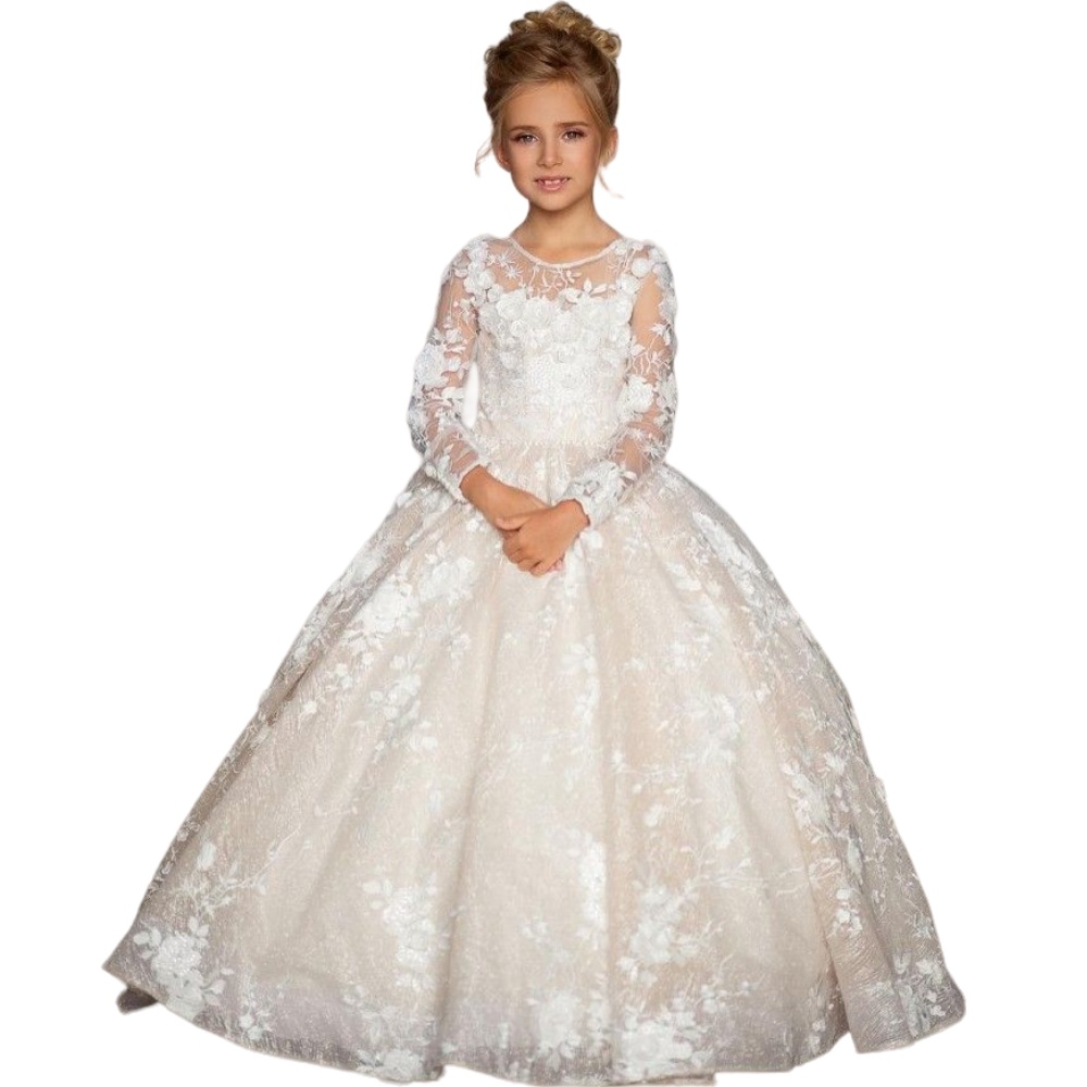 2024 Lovely Flower Girls Dresses For Weddings Long Sleeves Scoop Neck Lace Appliques 3D Floral Princess Kids Birthday Girl Pageant Gowns Sweep Train L