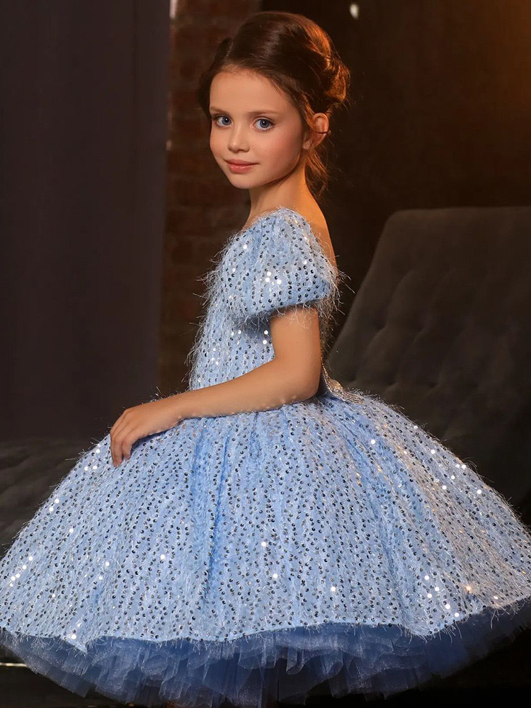 new Ball Gown Pearls Flower Girl Dresses For Wedding Light Sky Blue sequined Appliqued Pageant Gowns Floor Length Tulle feather tutu puffy First holy 