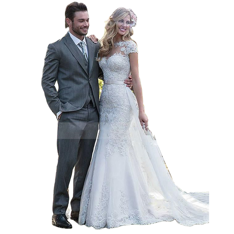Elegant Short Sleeves Mermaid Wedding Dresses With Detachable Train Lace Appliques Back Illusion Sexy Long Bridal Gowns 2024 Spring Summer
