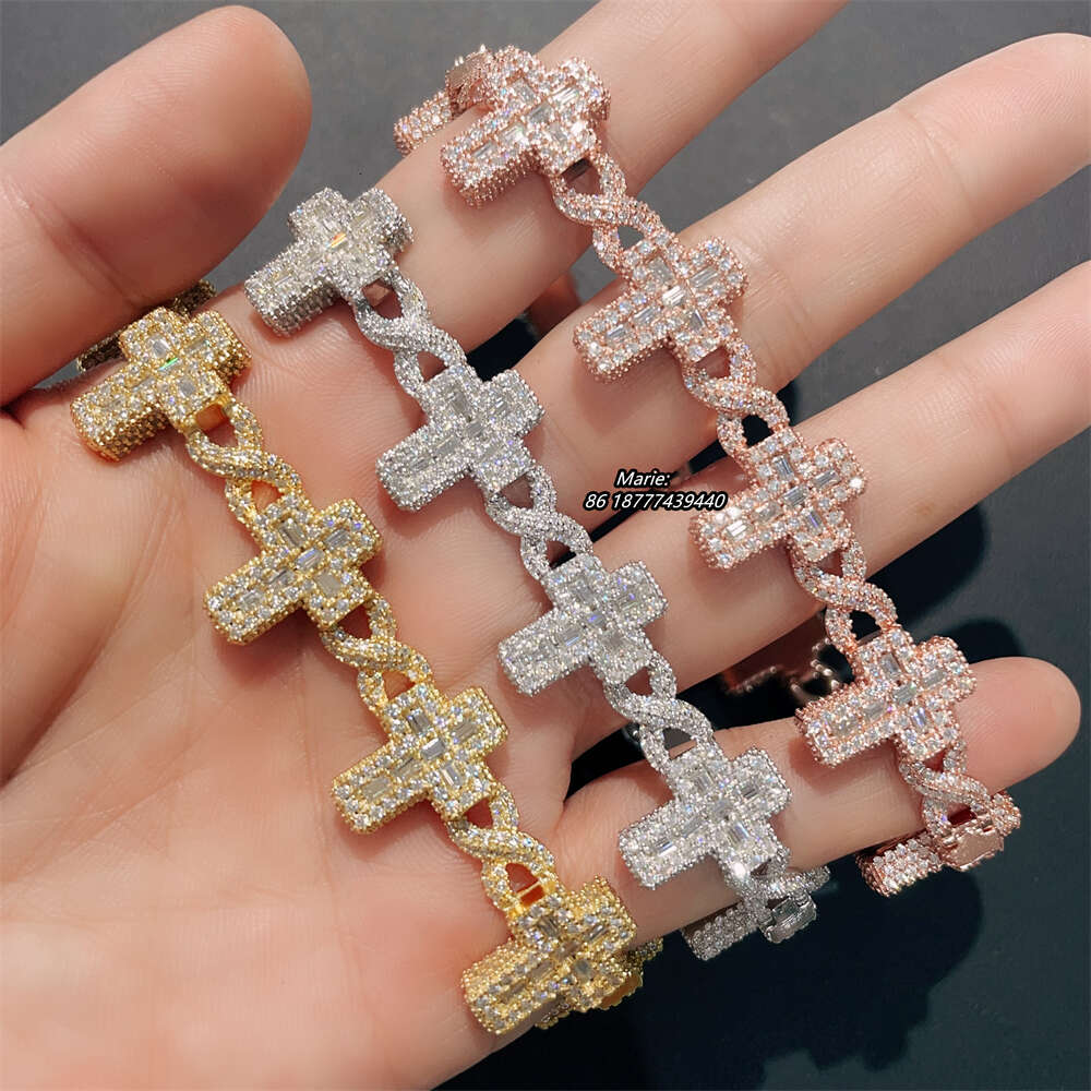 Luxury Jewelry Moissanite Diamond 925 Silver Vvs Baguette Bracelet Pass Tester Cross