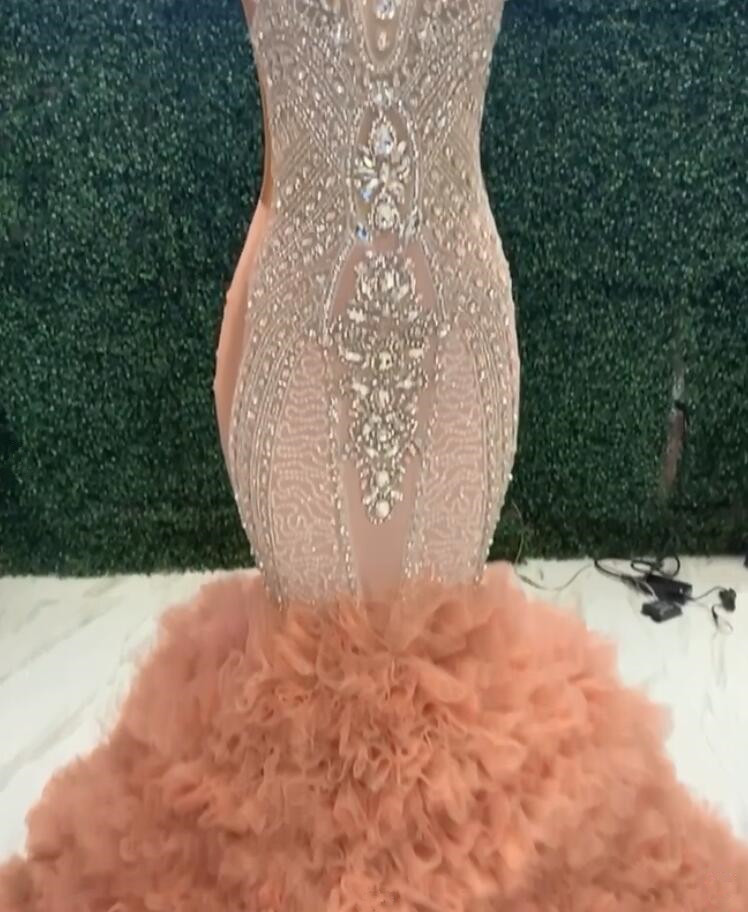 Rose Pink Sparkly African Prom Ceremony Dresses for Women Luxury Diamond Crystal Ruffles Skirt Evening Gown vestido de noche