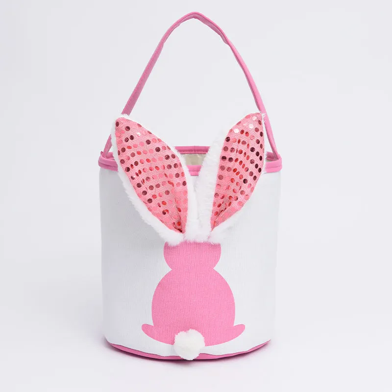 LED Light Flashing Sequin Bunny Easter Handbag Rabbit Egg Basket Hunt Bags Canvas Cotton Bucket Tote With Fluffy Tail For Kids Party Decoration Fy8648