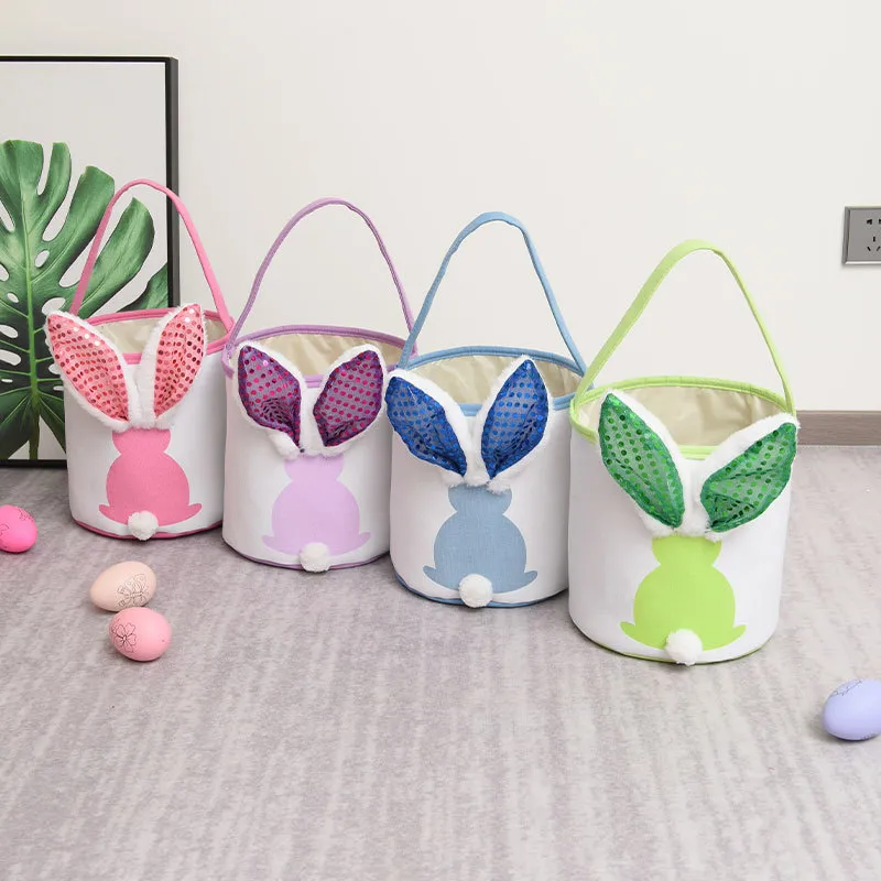 LED Light Flashing Sequin Bunny Easter Handbag Rabbit Egg Basket Hunt Bags Canvas Cotton Bucket Tote With Fluffy Tail For Kids Party Decoration Fy8648