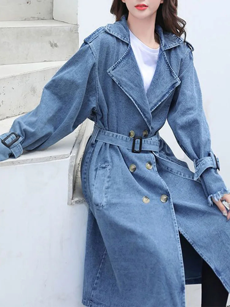 Fitaylor Spring Autumn Women Fashion Denim Trench Coat Double Breasted Lace-up Long Jean Jacket Vintage Solid Color Outwear 240129