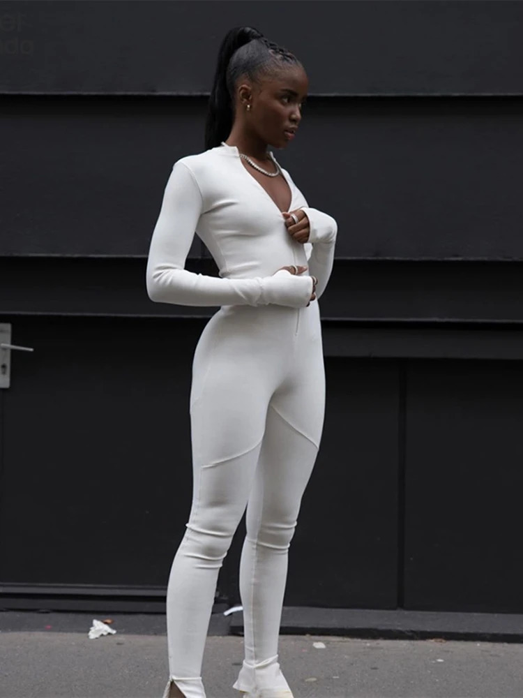 Sisterlinda White Rompers Womens Jumpsuits Elegant Long Sleeve Overalls Night Party Zipper Playsuits Slim Outifts Streetwear 240129