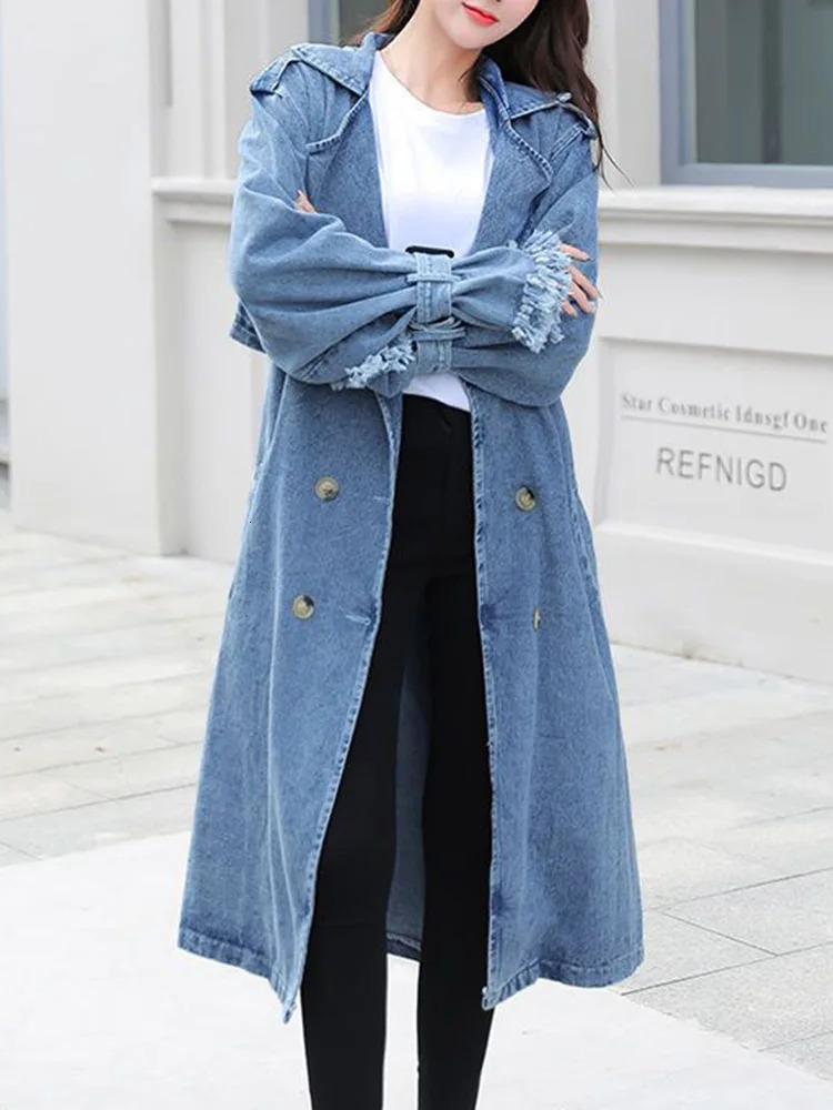 Fitaylor Spring Autumn Women Fashion Denim Trench Coat Double Breasted Lace-up Long Jean Jacket Vintage Solid Color Outwear 240129