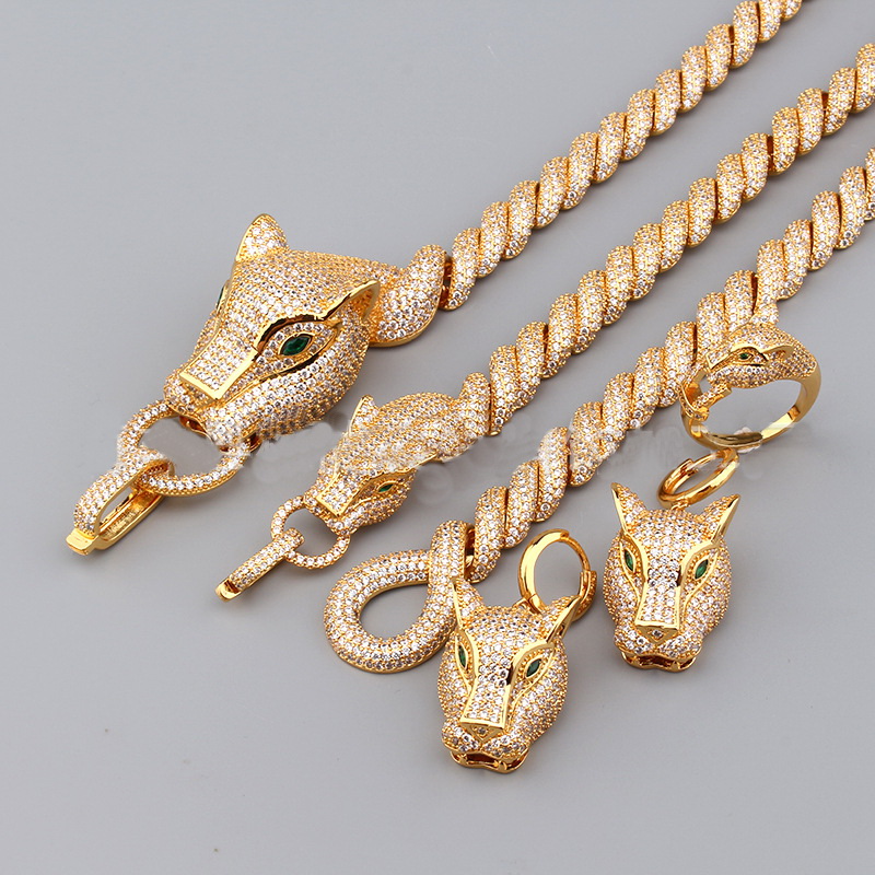 Vintage Rugged Personalized Leopard Thick Chain Necklace Bracelet Full Diamond Earrings Ring Set for Men and Women Jewelry Hiphop Rock Punk Accessorie