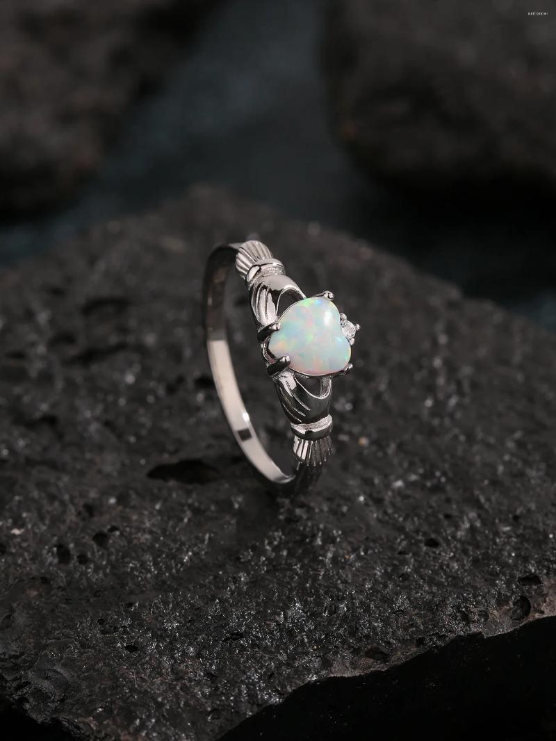 Cluster Rings Adorable Sterling Sier Women's Ring With Heart-shape Opal And Zircon Decoration Simple Lovely Style For Daily Or As A