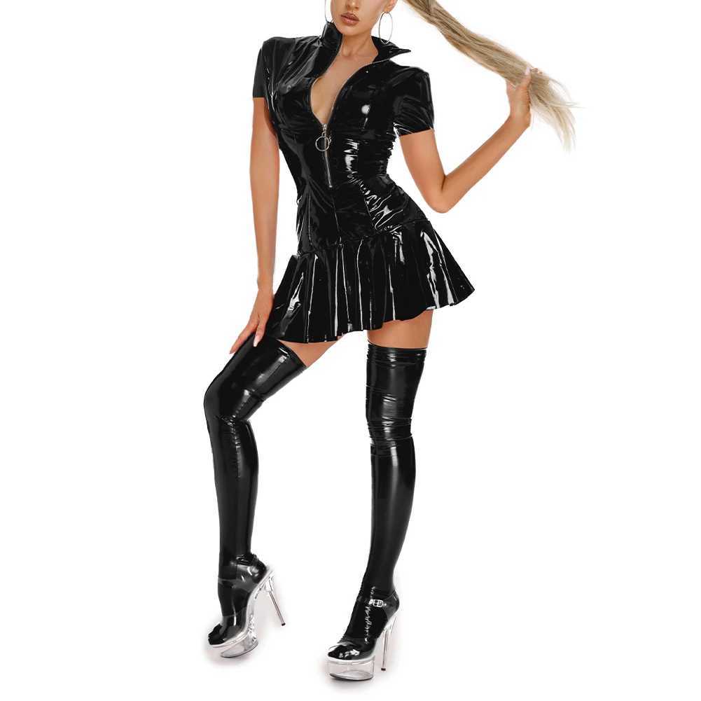Sexy Set Women Sexy Wet Look Shiny PVC Leather Bodycon Short Dress Short Sleeve Pleated Nightdress Seductive Nightclub Wear Lingerie