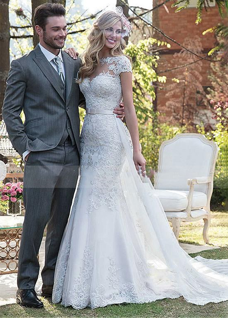 Elegant Short Sleeves Mermaid Wedding Dresses With Detachable Train Lace Appliques Back Illusion Sexy Long Bridal Gowns 2024 Spring Summer