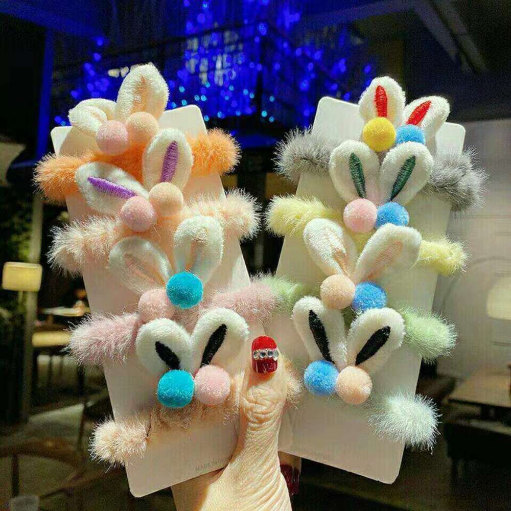 Autumn and Winter New Korean Cute Tie Hair Leather Plush Rabbit Ears Horsetail Head rope Children's High Elastic Hair Loop