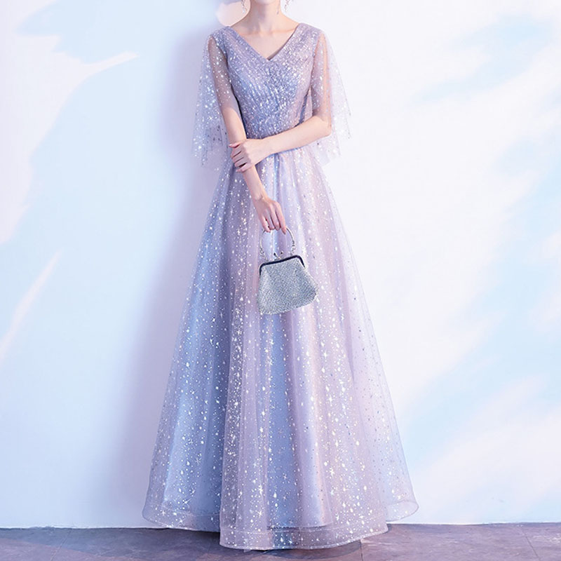 Silver Mother of the Bride Dresses Tulle with Shining Sequins Long Party Evening Gowns V-Neck Half Sleeves Zipper Back Floor Length Long Dress