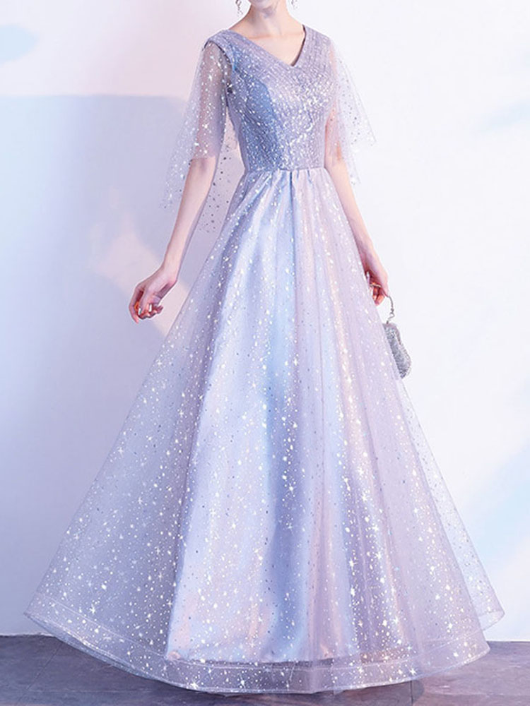 Silver Mother of the Bride Dresses Tulle with Shining Sequins Long Party Evening Gowns V-Neck Half Sleeves Zipper Back Floor Length Long Dress