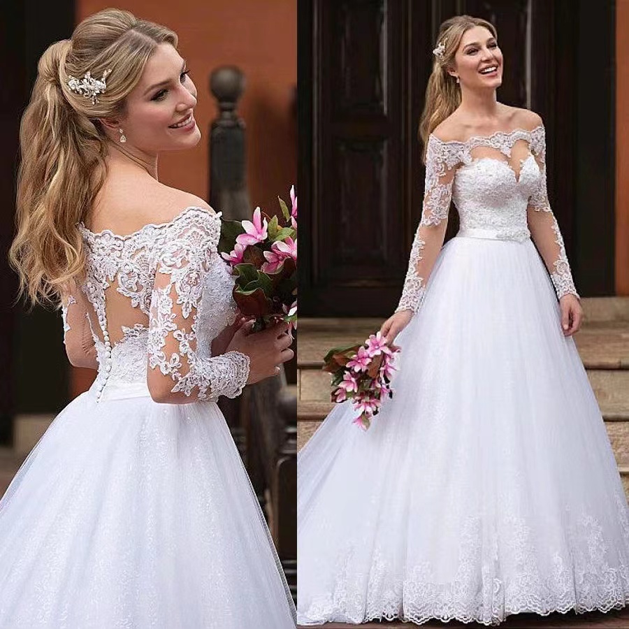 2024 long sleeves Lace A Line Wedding Dresses sexy New Vintage Sexy Off the Shoulder lace Applique Sweep Train Bridal Gowns Custom Made elegant boho w