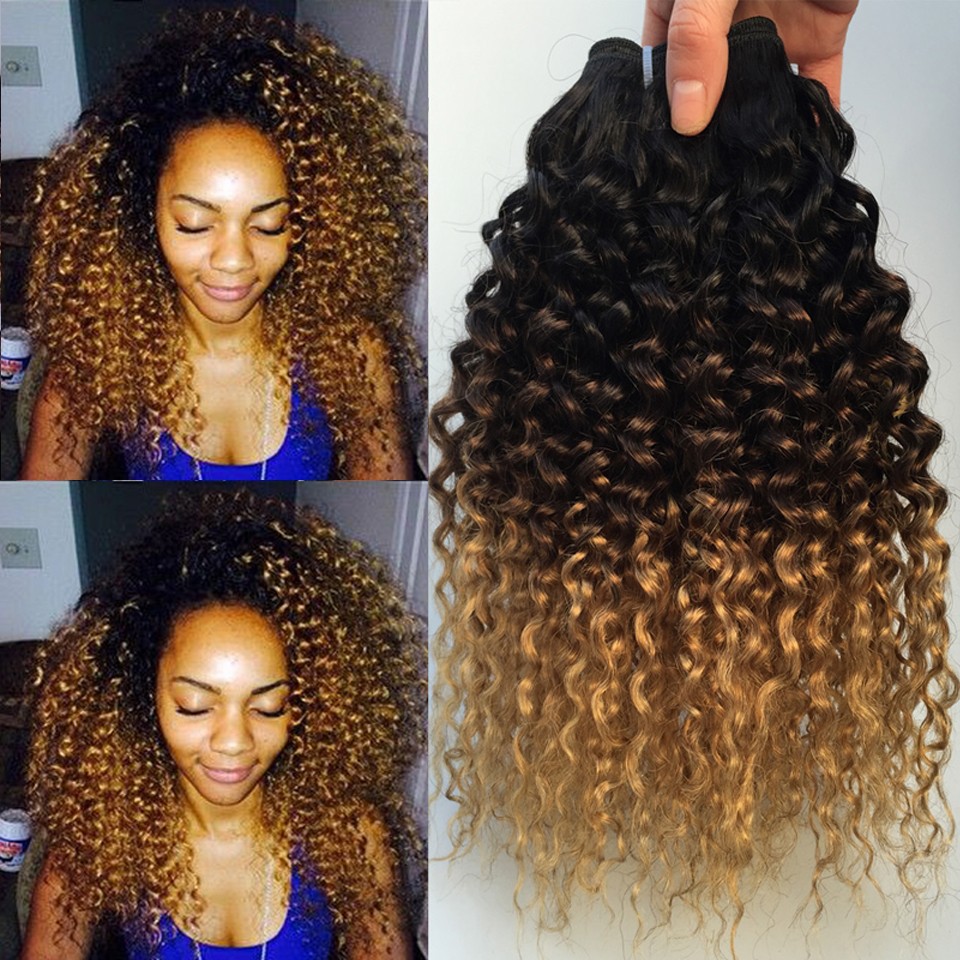 Ombre 1B/4/27 Brazilian Kinky Curly Human Remy Virgin Hair Weaves 100G/Bundle Double Wefts 3Bundles/Lot Full And Soft