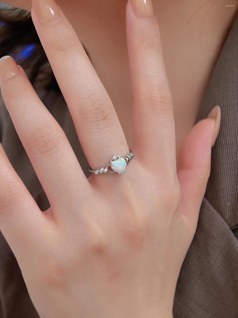 Cluster Rings Adorable Sterling Sier Women's Ring With Heart-shape Opal And Zircon Decoration Simple Lovely Style For Daily Or As A
