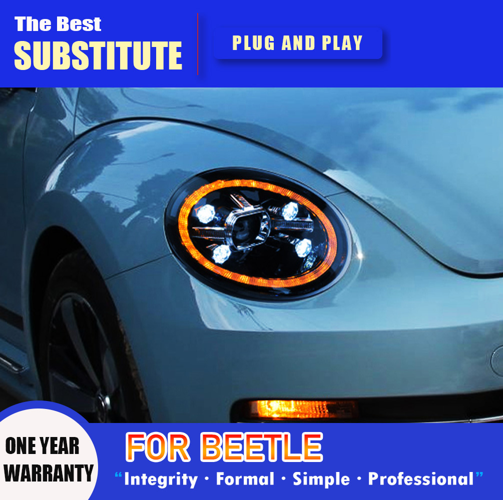 For VW Beetle LED Headlight Assembly 13-21 DRL Daytime Running Light Streamer Turn Signal Indicator High Beam Angel Eye Projector Lens
