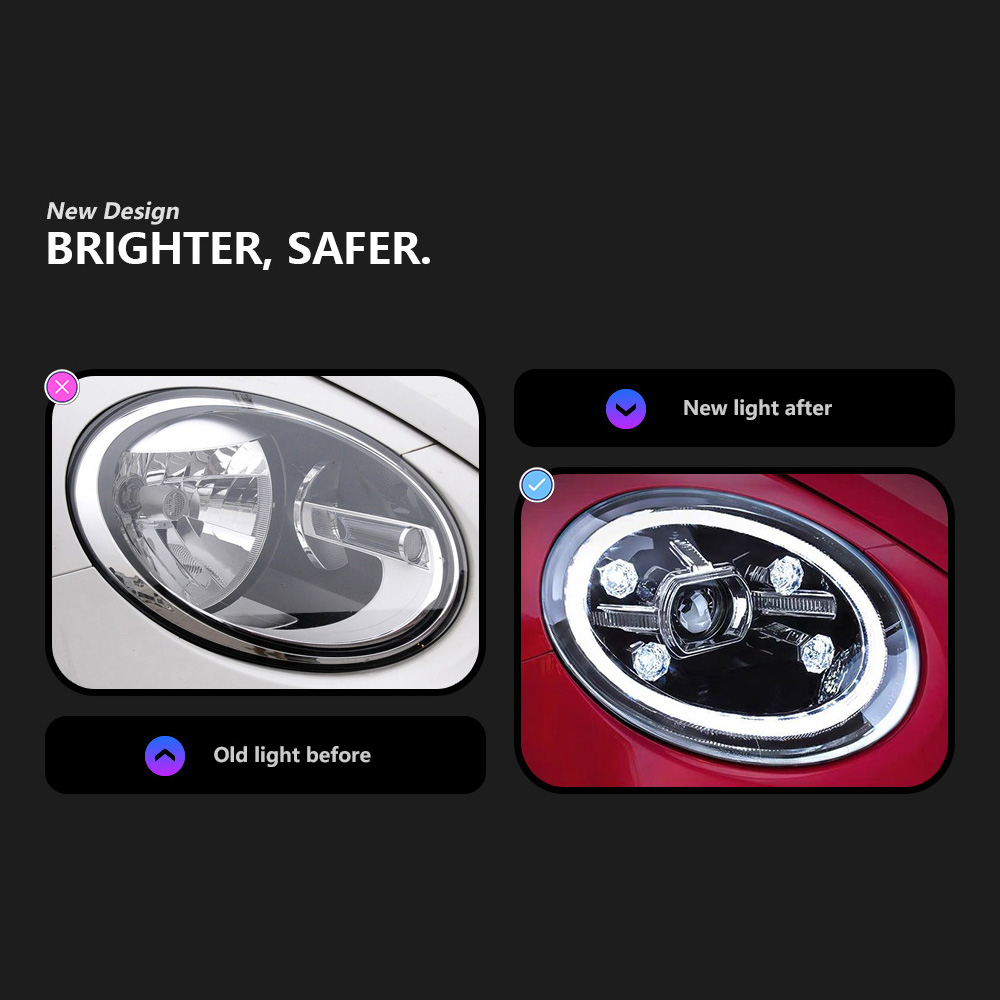 For VW Beetle LED Headlight Assembly 13-21 DRL Daytime Running Light Streamer Turn Signal Indicator High Beam Angel Eye Projector Lens