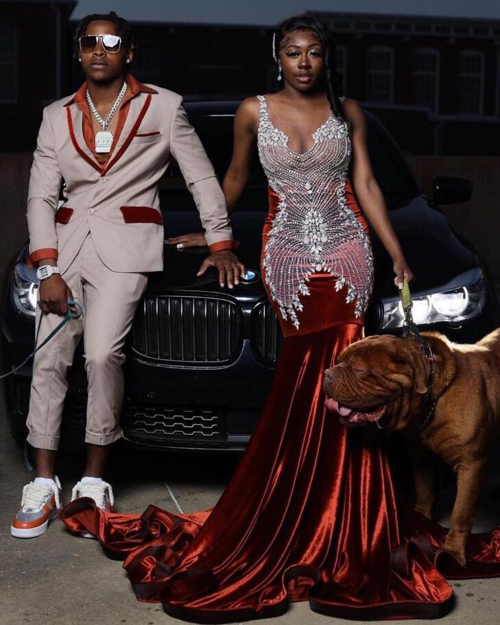 Pumpkin Velvet Mermaid Prom Ceremony Dresses for Black Girl Sparkly Diamond Crystal Evening Birthday Gown vestido de gala
