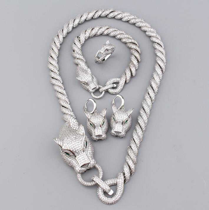 Vintage Rugged Personalized Leopard Thick Chain Necklace Bracelet Full Diamond Earrings Ring Set for Men and Women Jewelry Hiphop Rock Punk Accessorie