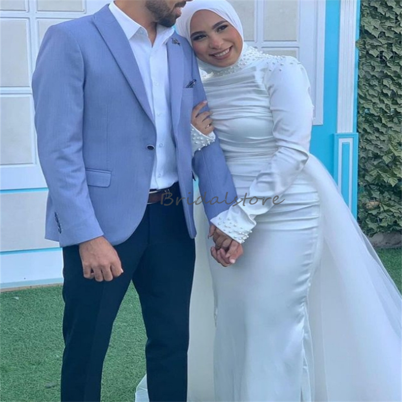 Saudi Arabic Mermaid Wedding Dress With Overskirt High Neck Muslim Dubai Pearls Bridal Gowns Long Sleeve Country Turkey Bride Rustic Islamic Robe De M