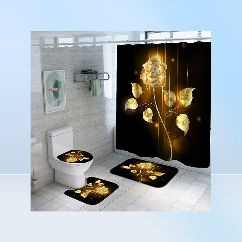 Shiny Blue Golden Rose Waterproof Shower Curtain Set Toilet Cover Mat Nonslip Bath Rugs Bathroom Valentine039s Day Christmas De6501948
