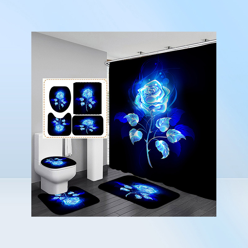 Shiny Blue Golden Rose Waterproof Shower Curtain Set Toilet Cover Mat Nonslip Bath Rugs Bathroom Valentine039s Day Christmas De6501948