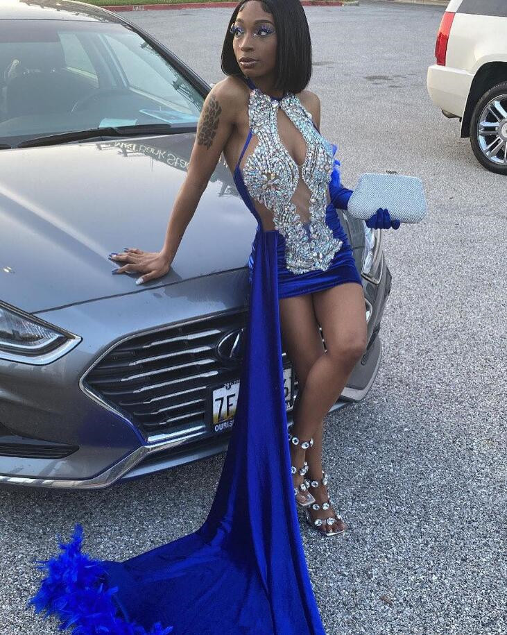King Blue Velvet Mini Evening Cocktail Dresses with Train Crystal Beaded Feather Birthday Prom Gown vestidos de noche