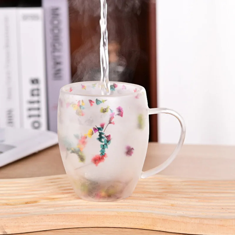 350ml Double Wall Glass Mug Cup With Dry Flower Fillings With Handles kitchen accessories WLL2148