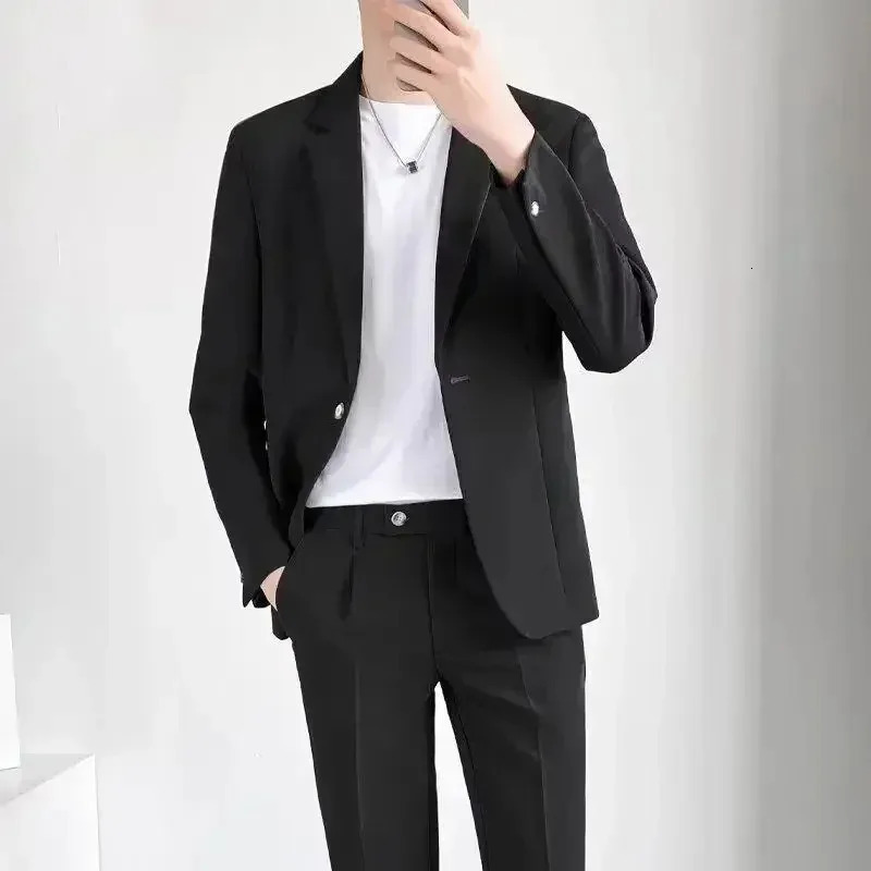 S-5XL High Quality Mens Suit Gentlemen Simple Business Casual Fit Suits 2 Pieces Set Classic Solid Color Jacket Blazer Pants 240126