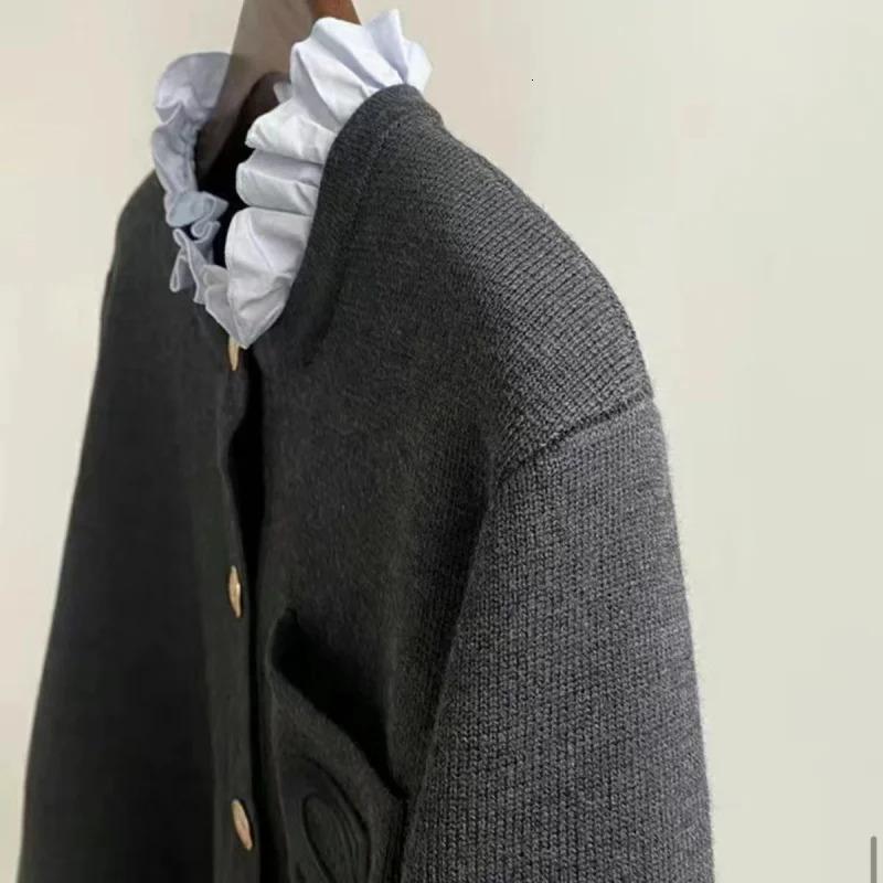 S letter embroidered knitted womens sweater cardigan Y2K detachable ruffle collar womens Sandros sweater jacket 240131