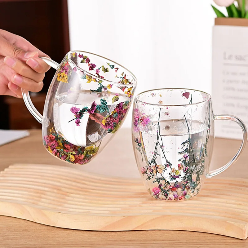 350ml Double Wall Glass Mug Cup With Dry Flower Fillings With Handles kitchen accessories WLL2148