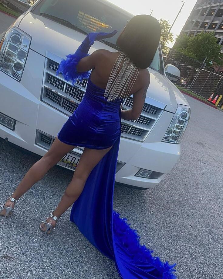 King Blue Velvet Mini Evening Cocktail Dresses with Train Crystal Beaded Feather Birthday Prom Gown vestidos de noche