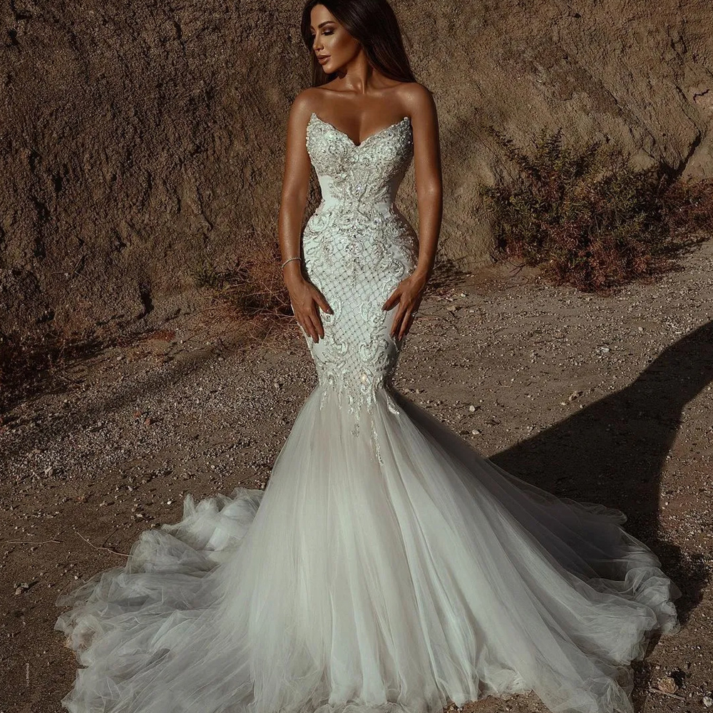 Stunningbride 2024 Gorgeous Lace Mermaid Wedding Dresses Strapless Neck Beaded Backless Sweep Train Sequined Appliqued Tulle Bridal Gowns