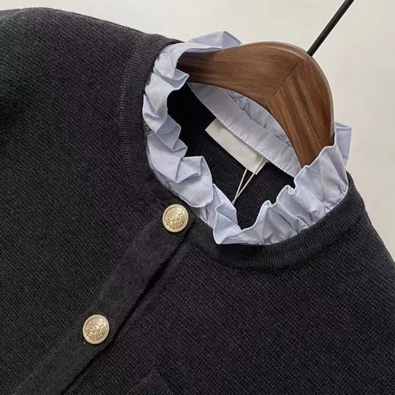 S letter embroidered knitted womens sweater cardigan Y2K detachable ruffle collar womens Sandros sweater jacket 240131