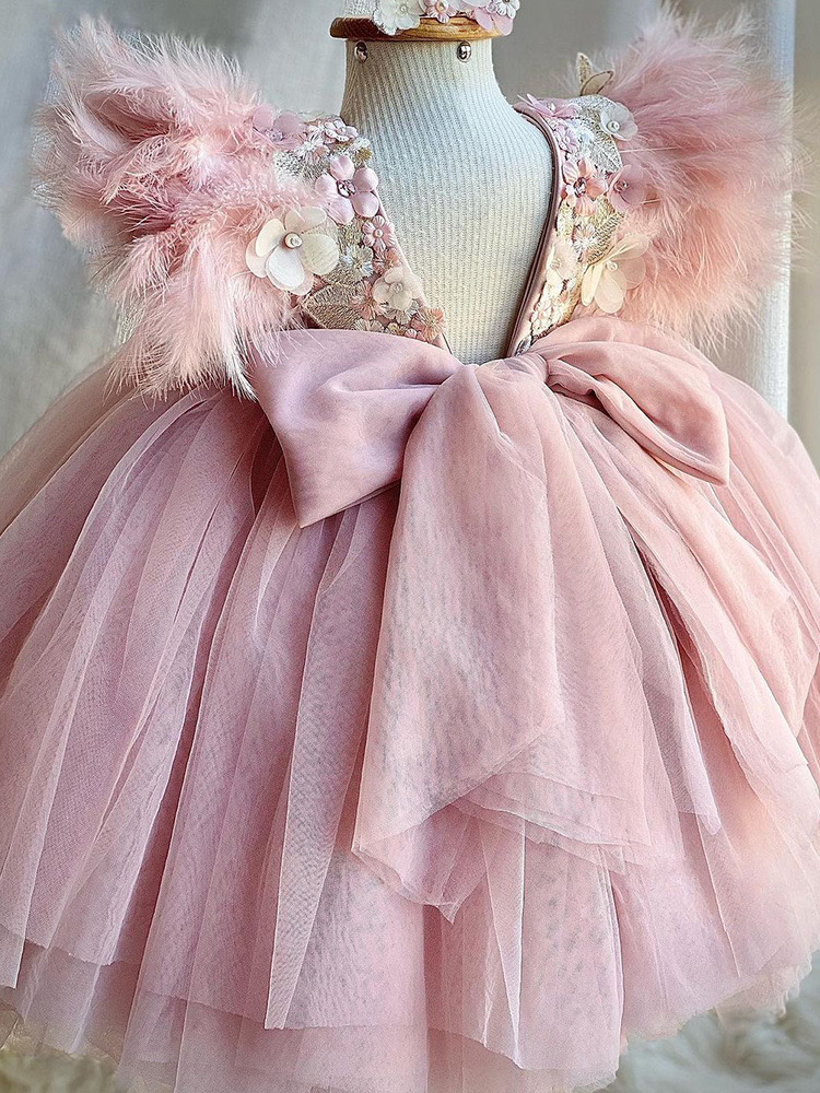 Pink Feather First Holy Communion Dresses Girls 2024 Brand Lace Infant Toddler Pageant Flower Girl Dress For Weddings 3D Flowers Tulle Puffy Birthday 