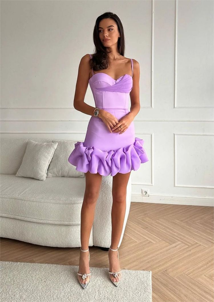 Sexy Light Purple Short Prom Party Dress 2024 Spaghtti Straps Rulffles Sheath Evening Formal Gowns Birthday Cocktail Dresses Robe De Soiree