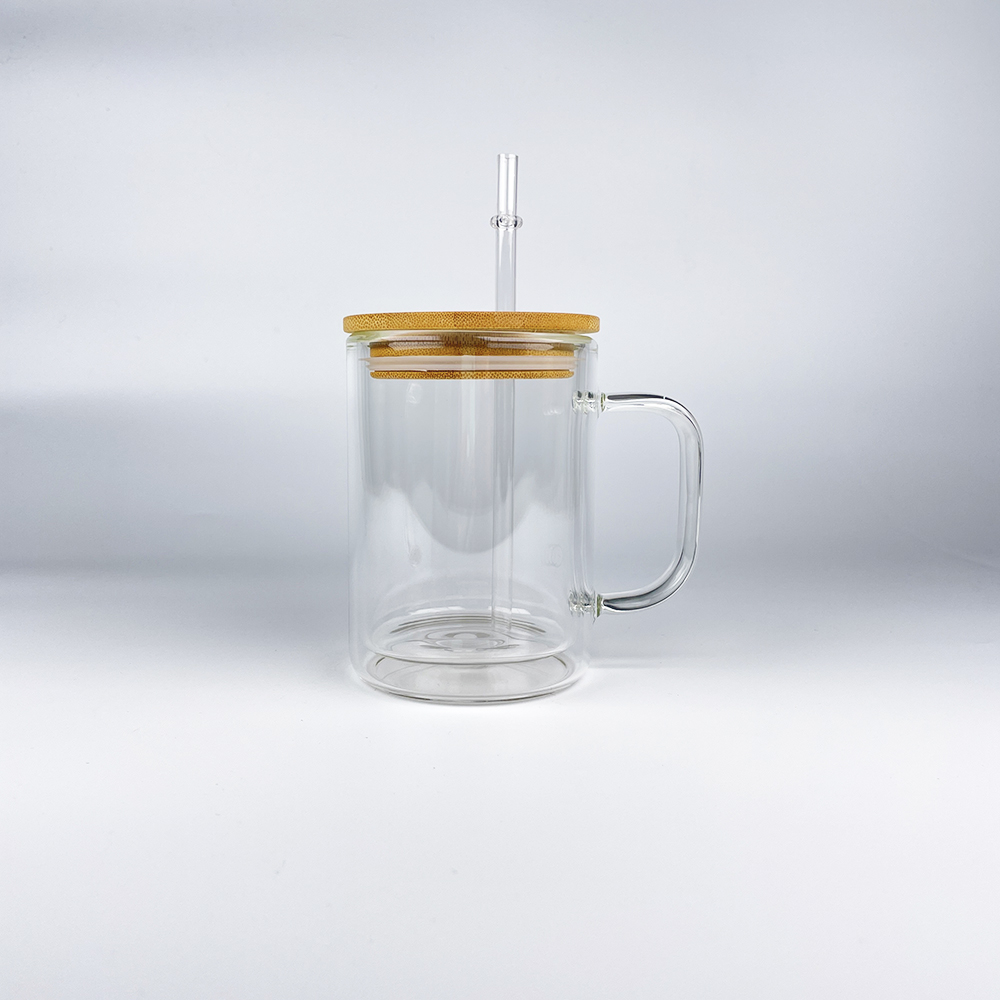 Reusable pre-drilled hole clear 15oz snow globe sublimation high borosilicate double walled glass coffee Milk beer mug with bamboo lid and handle For 