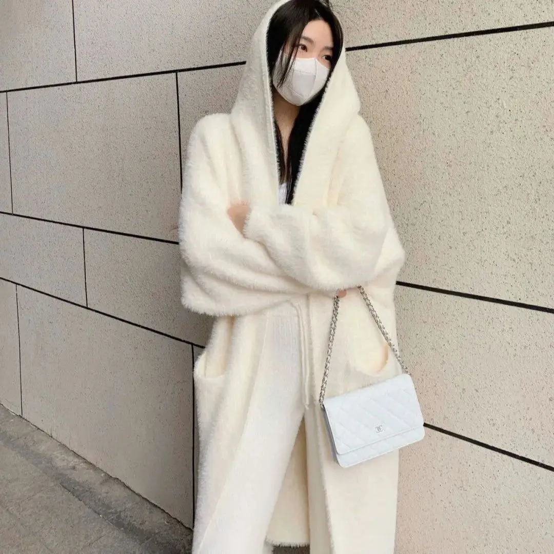 korean fashion hooded long cardigan women knitted long sleeve winter korean style clothes long sleeve knitwears fall pink 240131