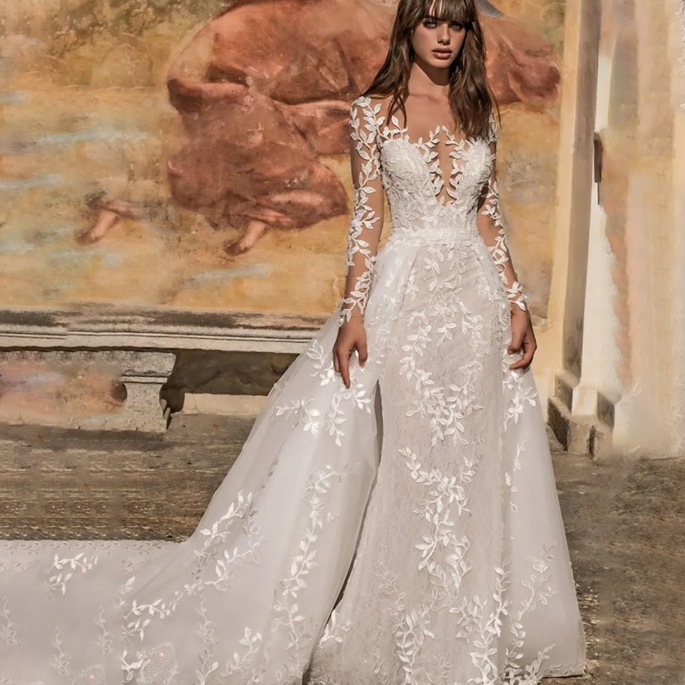Stunningbride 2024 Long Sleeves Mermaid Wedding Dresses With Detachable Illusion Sweep Train Bohemian Lace Applique Plus Size Bridal Gowns