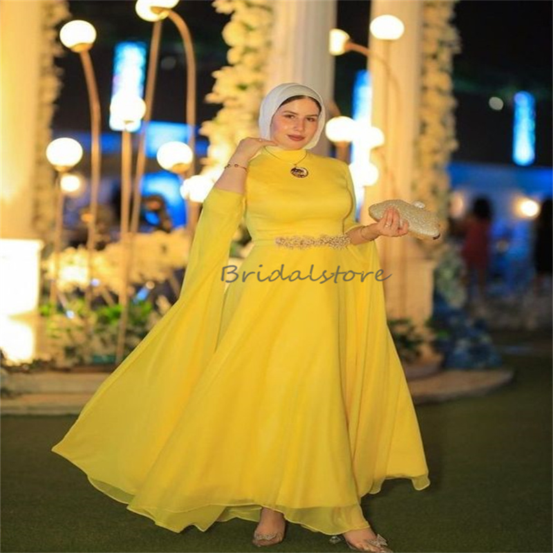 Moroccan Yellow Muslim Evening Dress 2024 Kaftan Dubai Abaya Saudi Prom Dresses With Beaded Long Sleeve Ceremony Formal Party Robe Mariee Elegant Vest