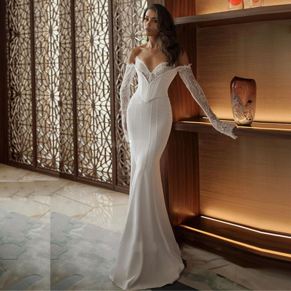 Mermaid Fabulous Corset Wedding Dresses Off Shoulder Lace Sleeve Bridal Gown V Neck Satin Garden Vestidos De Noiva estidos