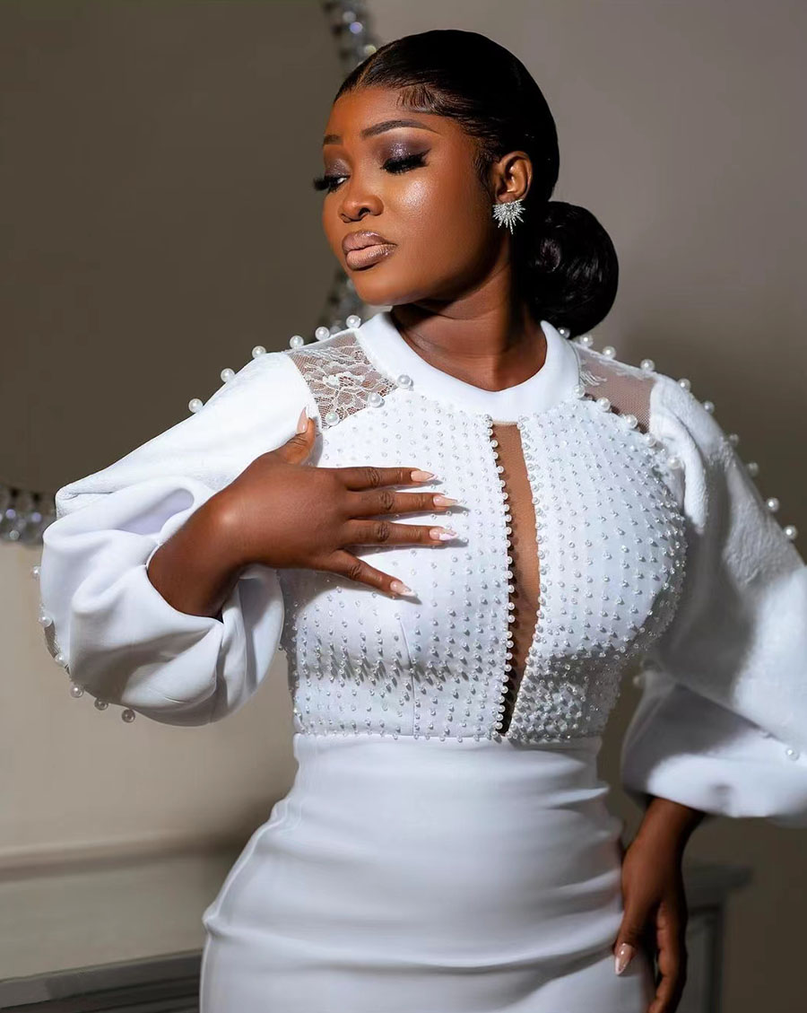 Arabic 2024 Short Sheath Wedding Dresses White Lace Pearls Jewel Long Sleeves Stain Bridal Gown African Vestidos robes de soiree for Arabic Aso Ebi Mo
